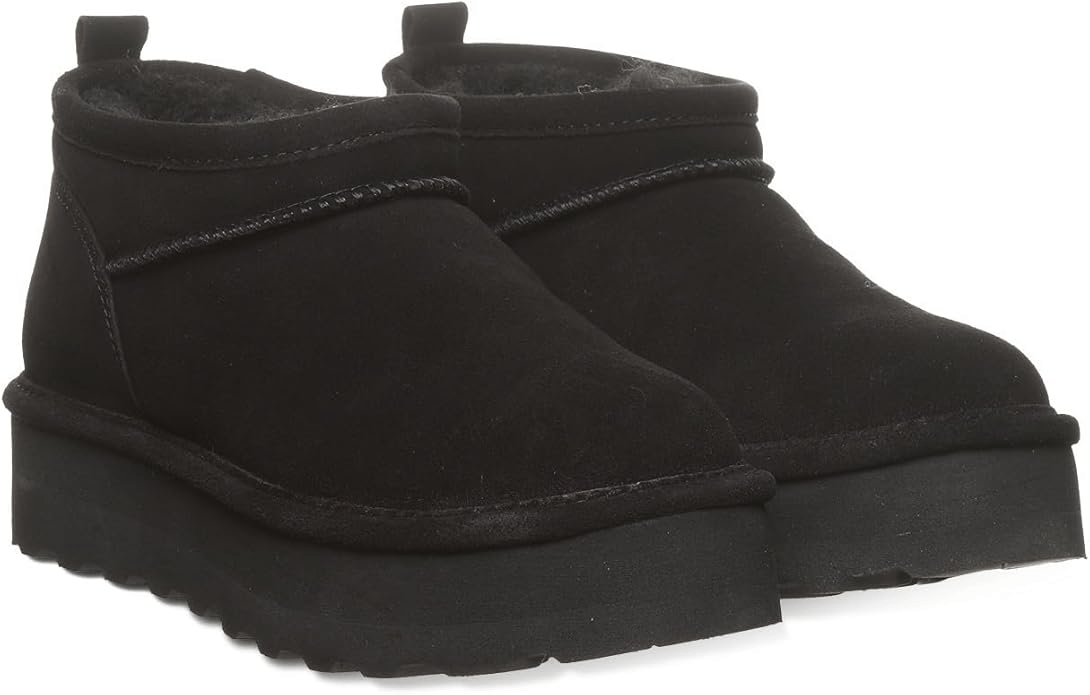 BEARPAW Retro Super Shorty Black Fur Boots Logo