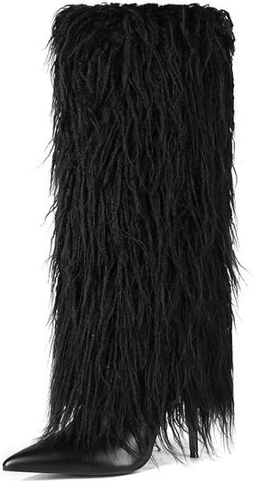 The Downtown Black Fur Boots Heels logo